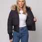 Short Puffer Jacket with Thumbholes and Faux Fur Hood