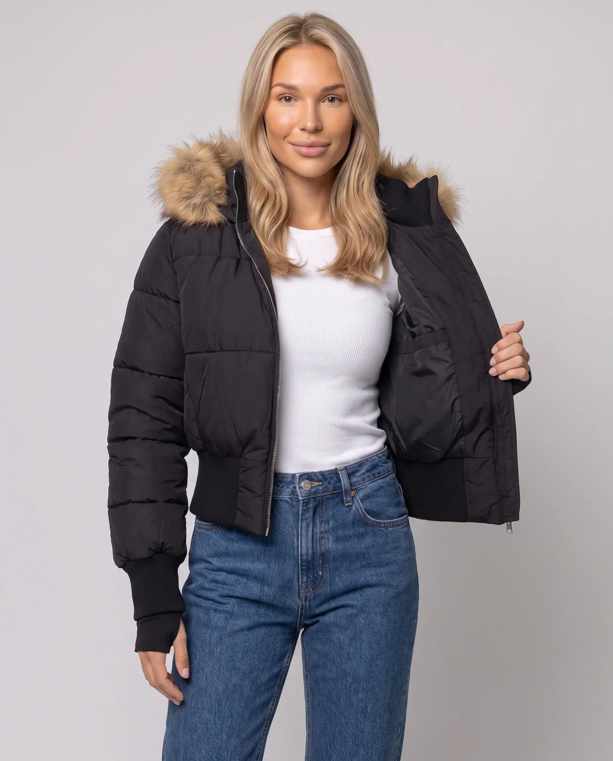 Short Puffer Jacket with Thumbholes and Faux Fur Hood