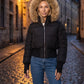 Short Puffer Jacket with Thumbholes and Faux Fur Hood