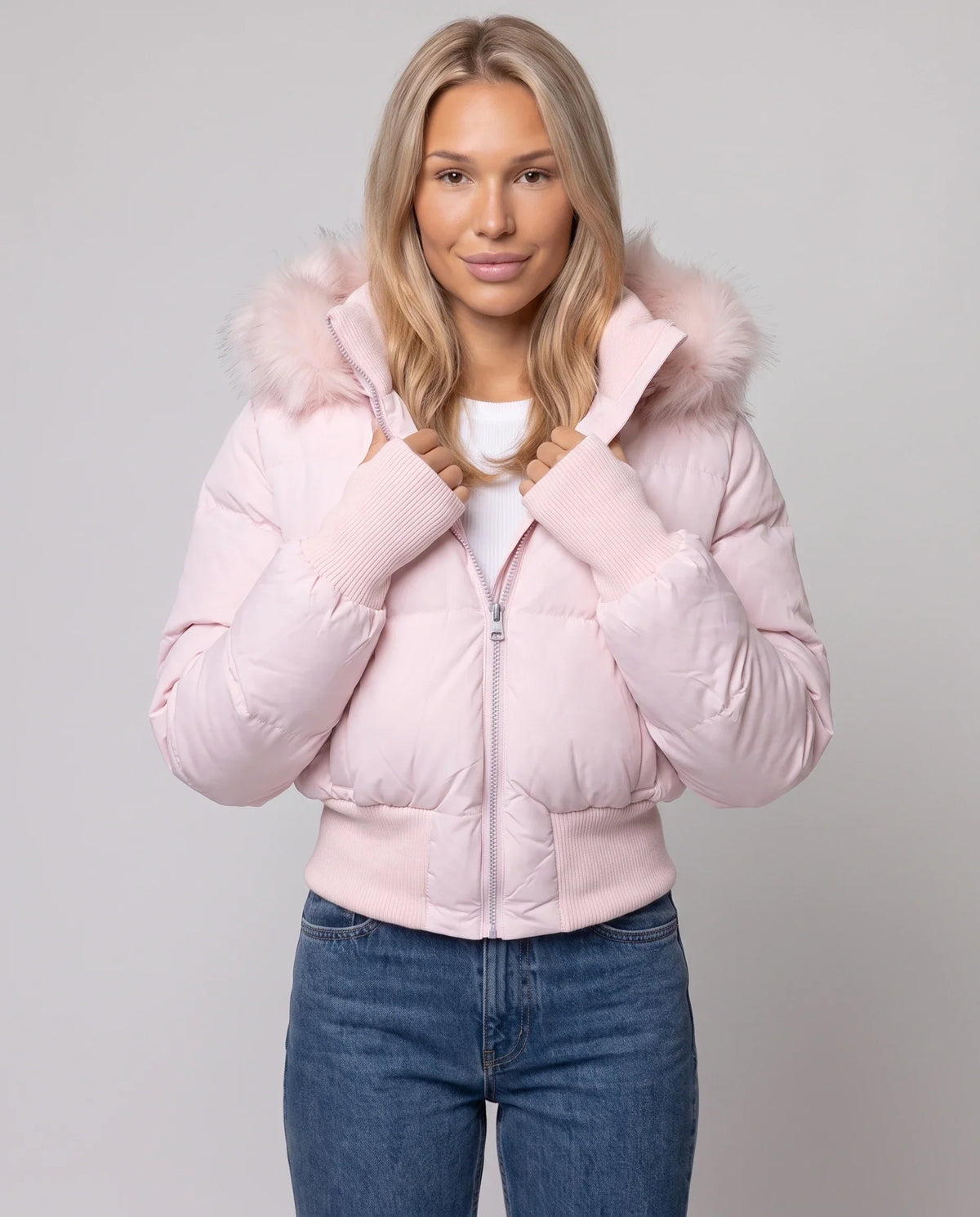 Short Puffer Jacket with Thumbholes and Faux Fur Hood