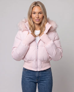 Short Puffer Jacket with Thumbholes and Faux Fur Hood