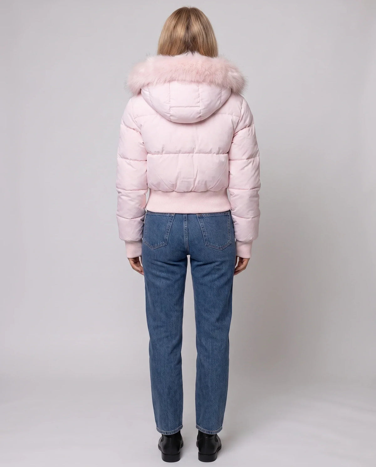 Short Puffer Jacket with Thumbholes and Faux Fur Hood