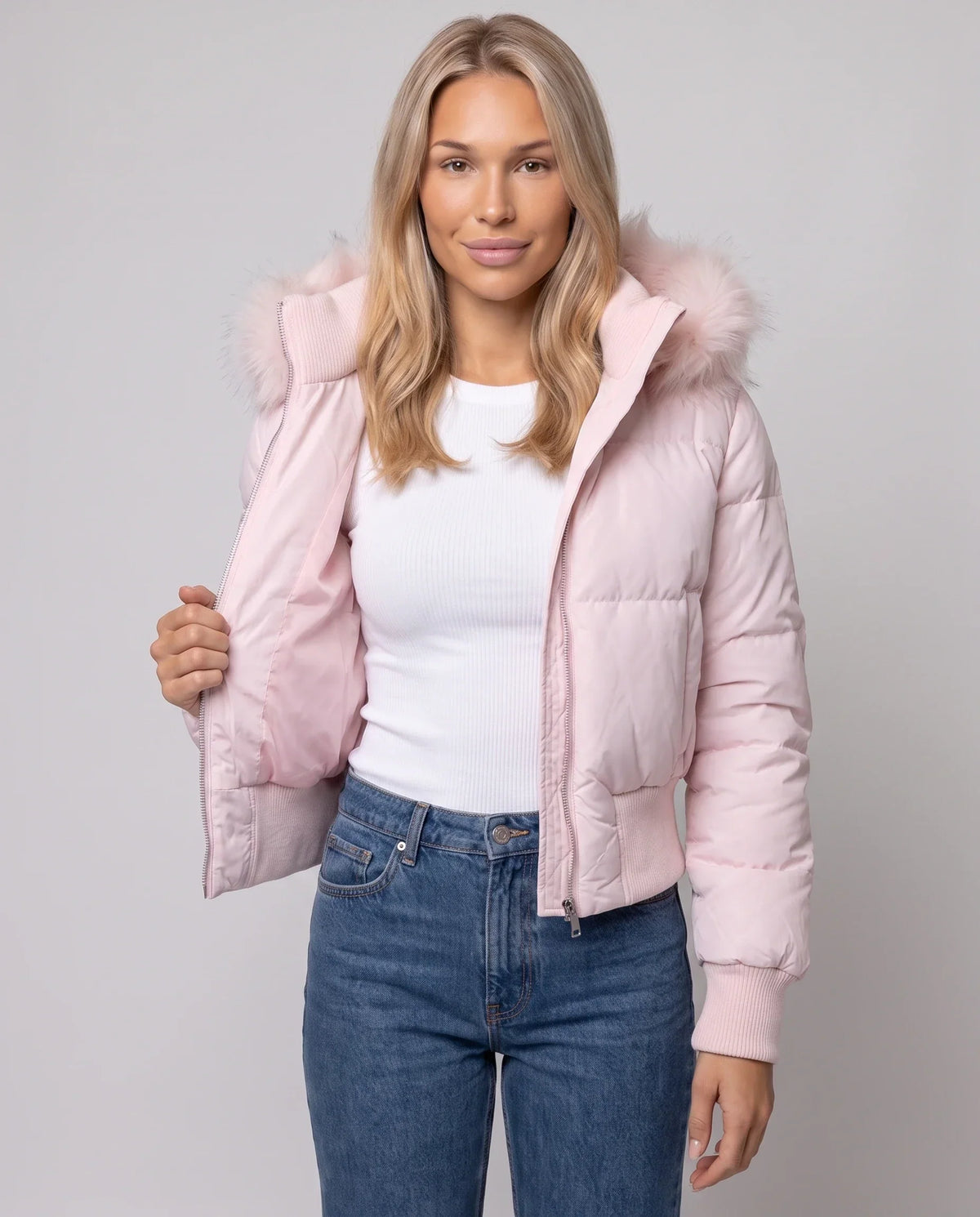 Short Puffer Jacket with Thumbholes and Faux Fur Hood