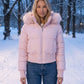 Short Puffer Jacket with Thumbholes and Faux Fur Hood