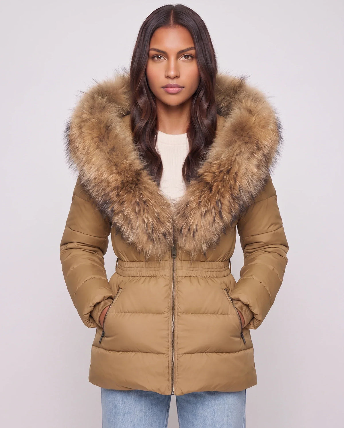 Short Puffer Jacket with Large Faux Fur Hood