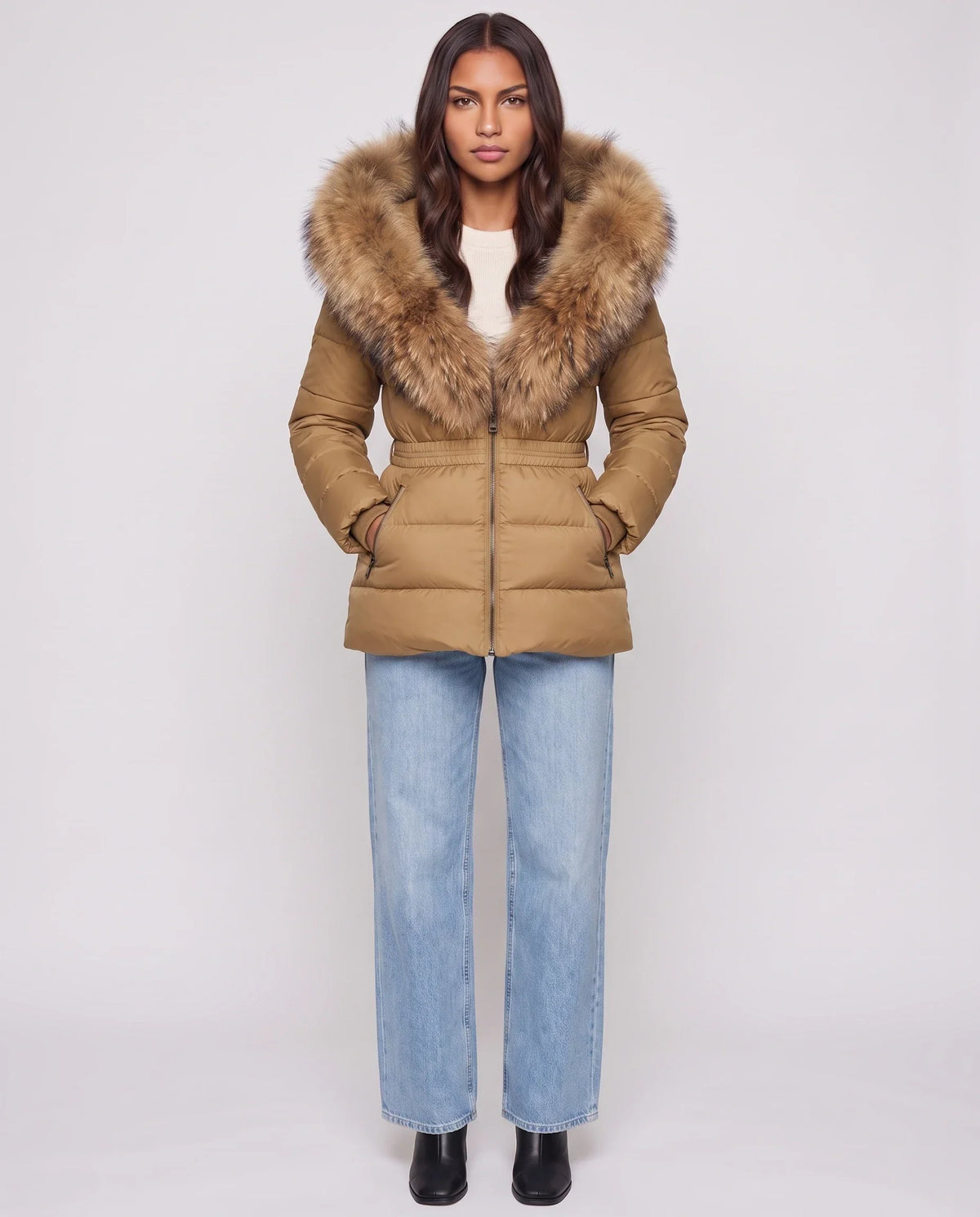 Short Puffer Jacket with Large Faux Fur Hood
