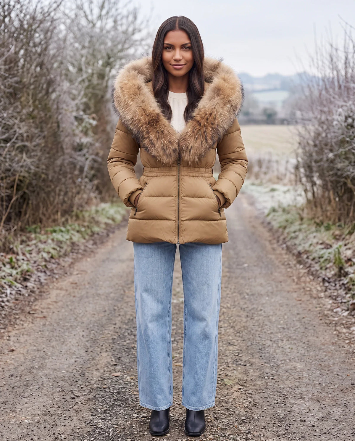Short Puffer Jacket with Large Faux Fur Hood