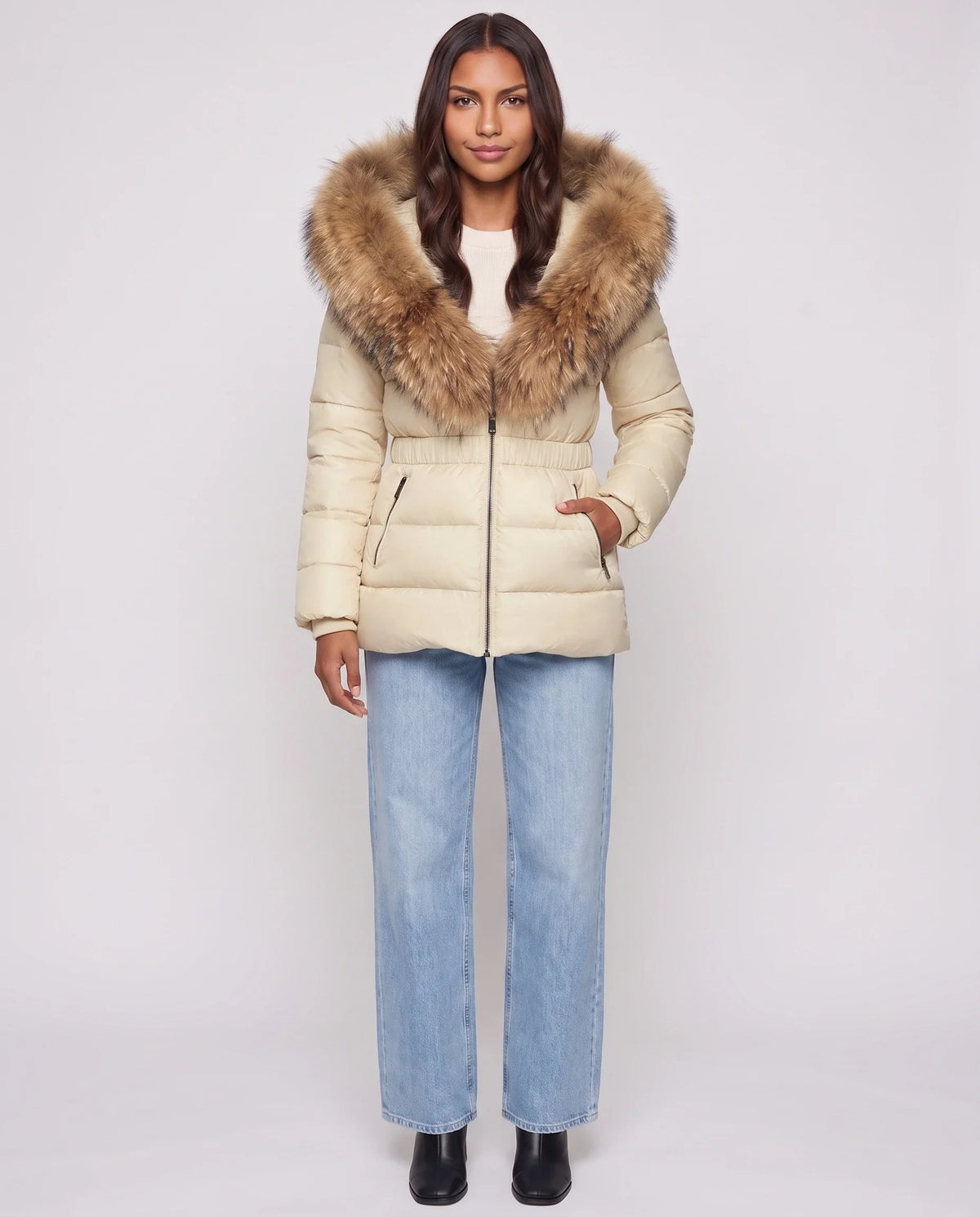 Short Puffer Jacket with Large Faux Fur Hood