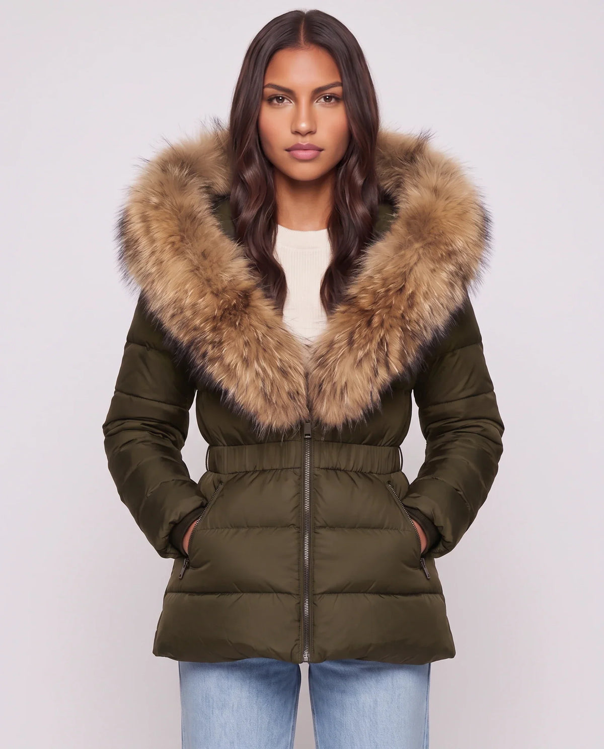 Short Puffer Jacket with Large Faux Fur Hood