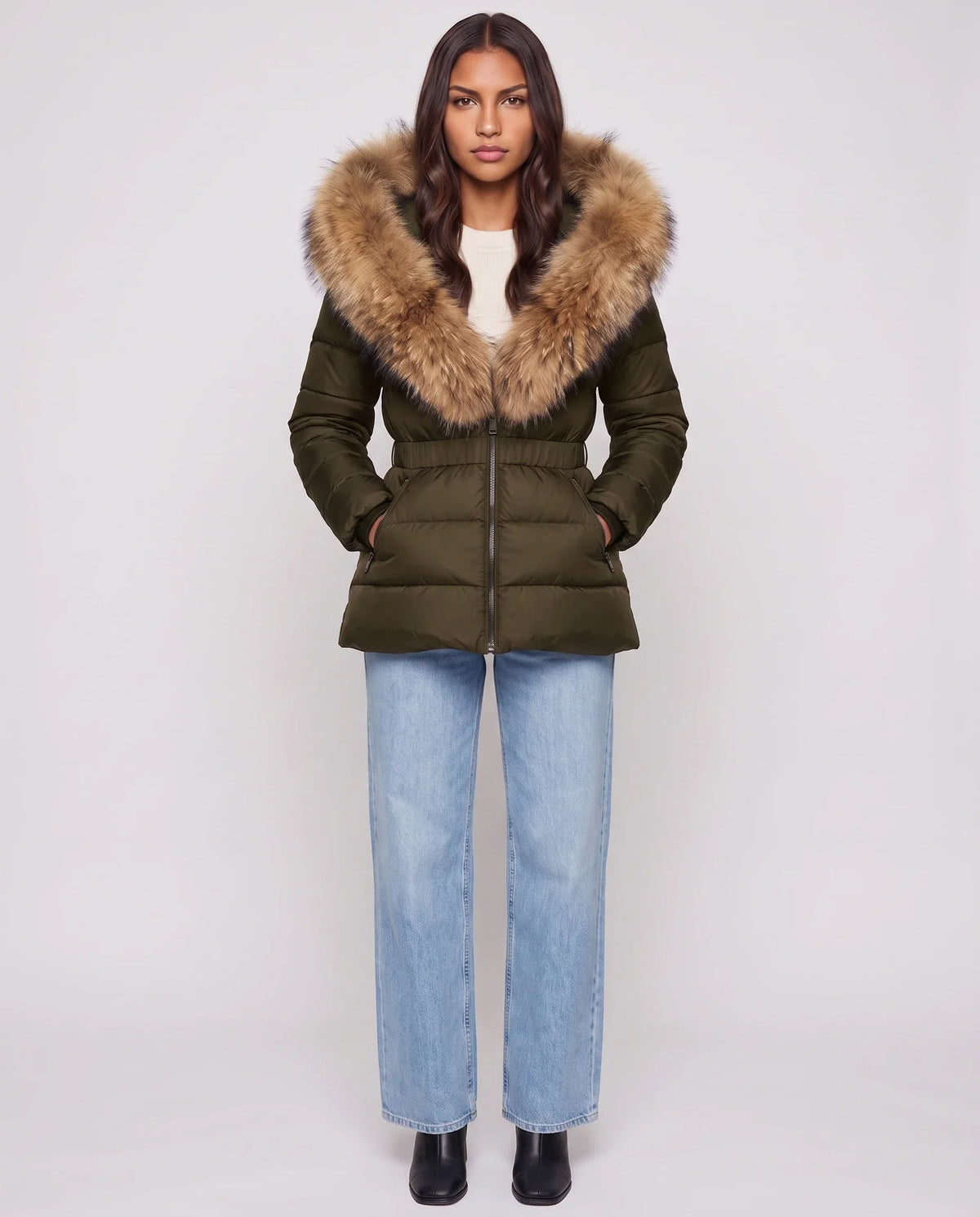 Short Puffer Jacket with Large Faux Fur Hood