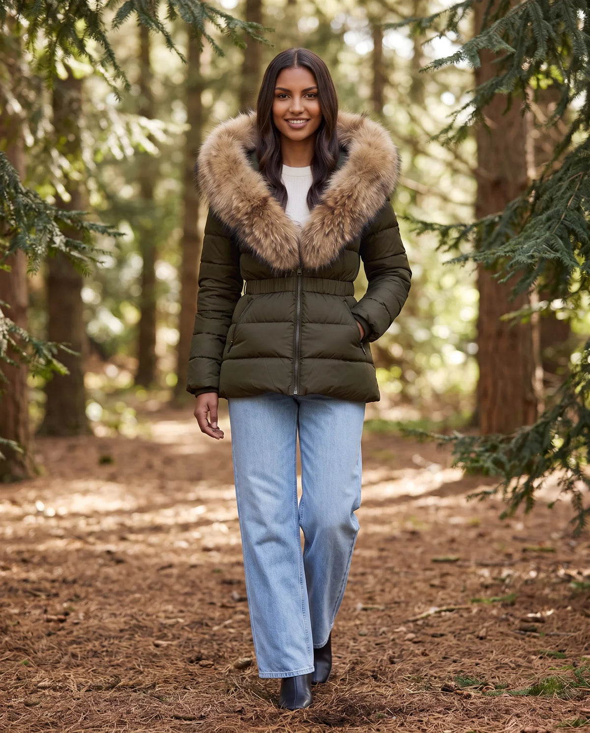 Short Puffer Jacket with Large Faux Fur Hood