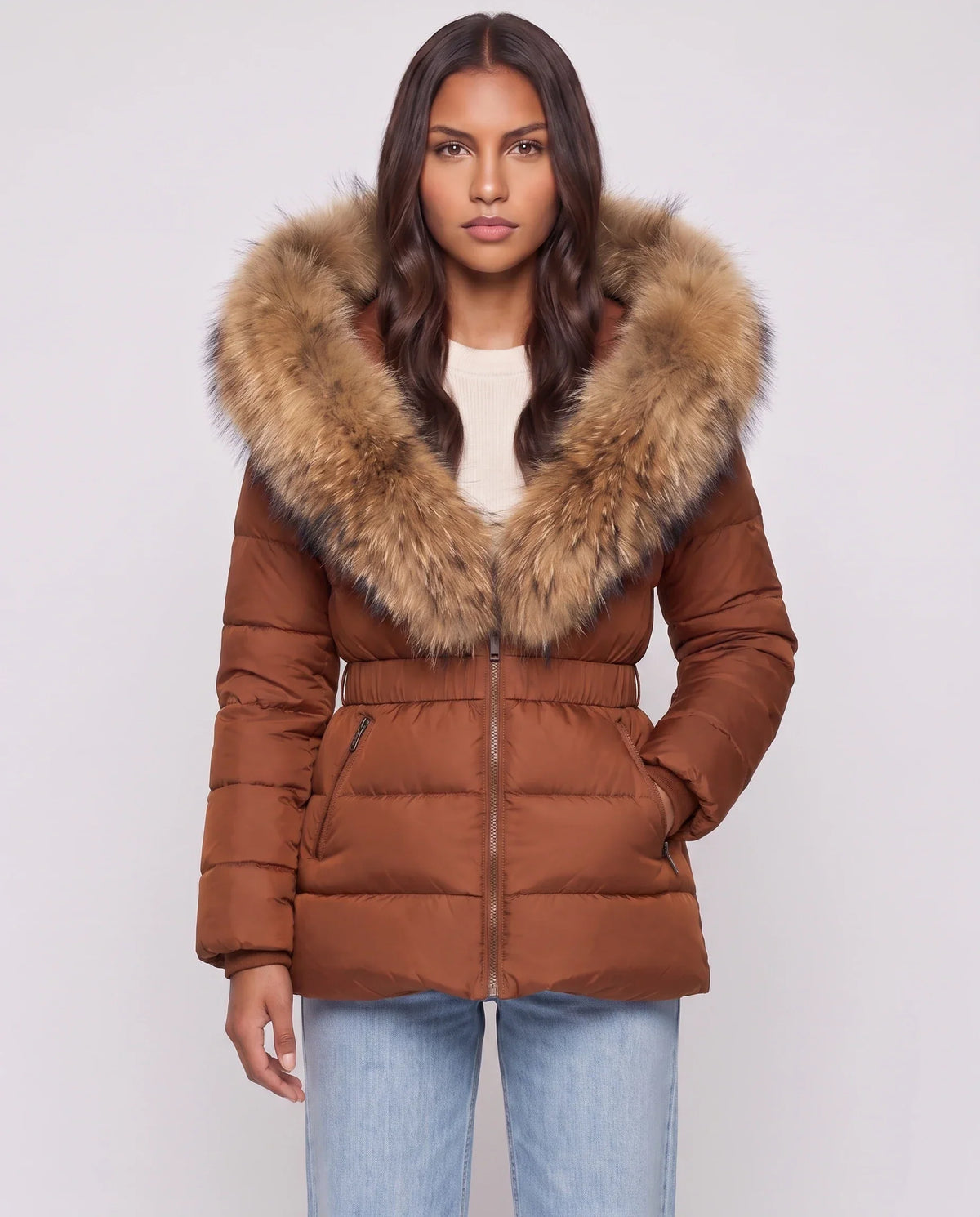 Short Puffer Jacket with Large Faux Fur Hood