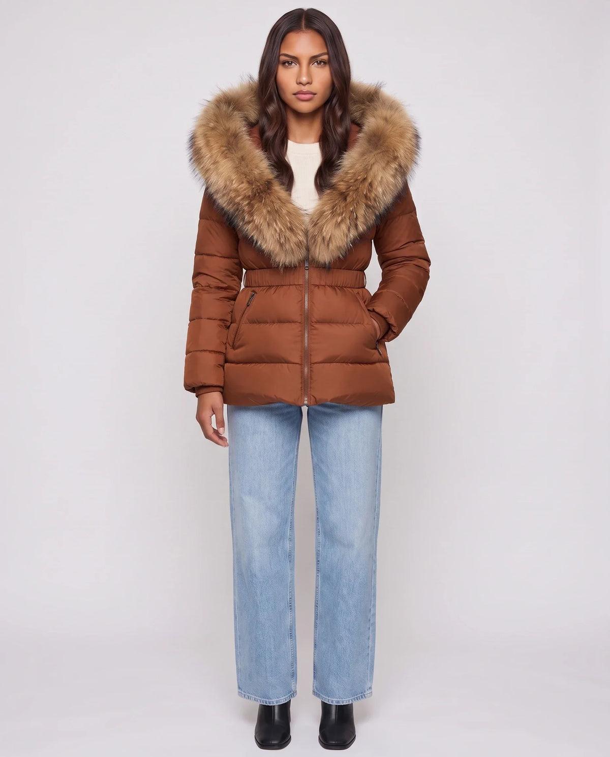 Short Puffer Jacket with Large Faux Fur Hood