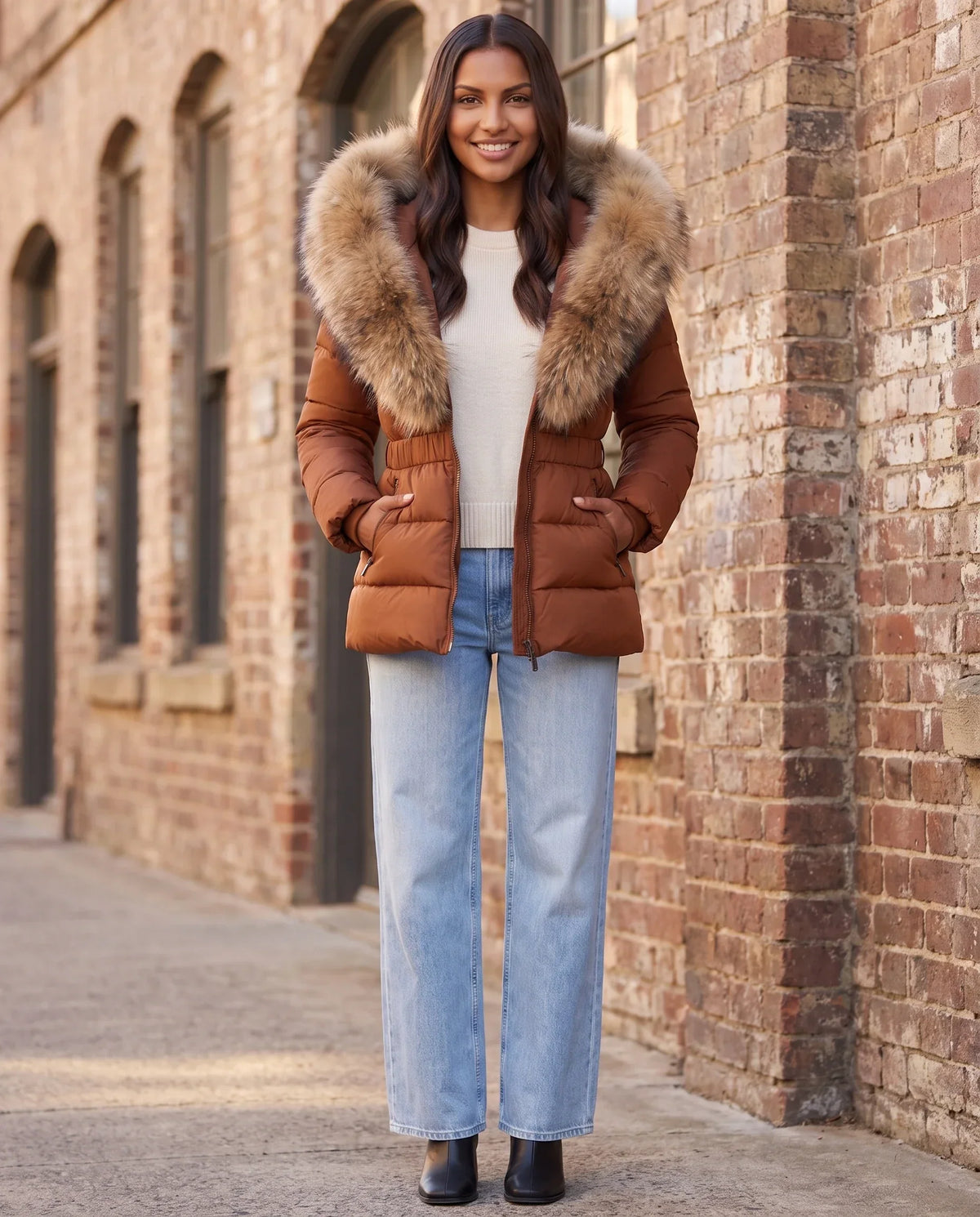 Short Puffer Jacket with Large Faux Fur Hood
