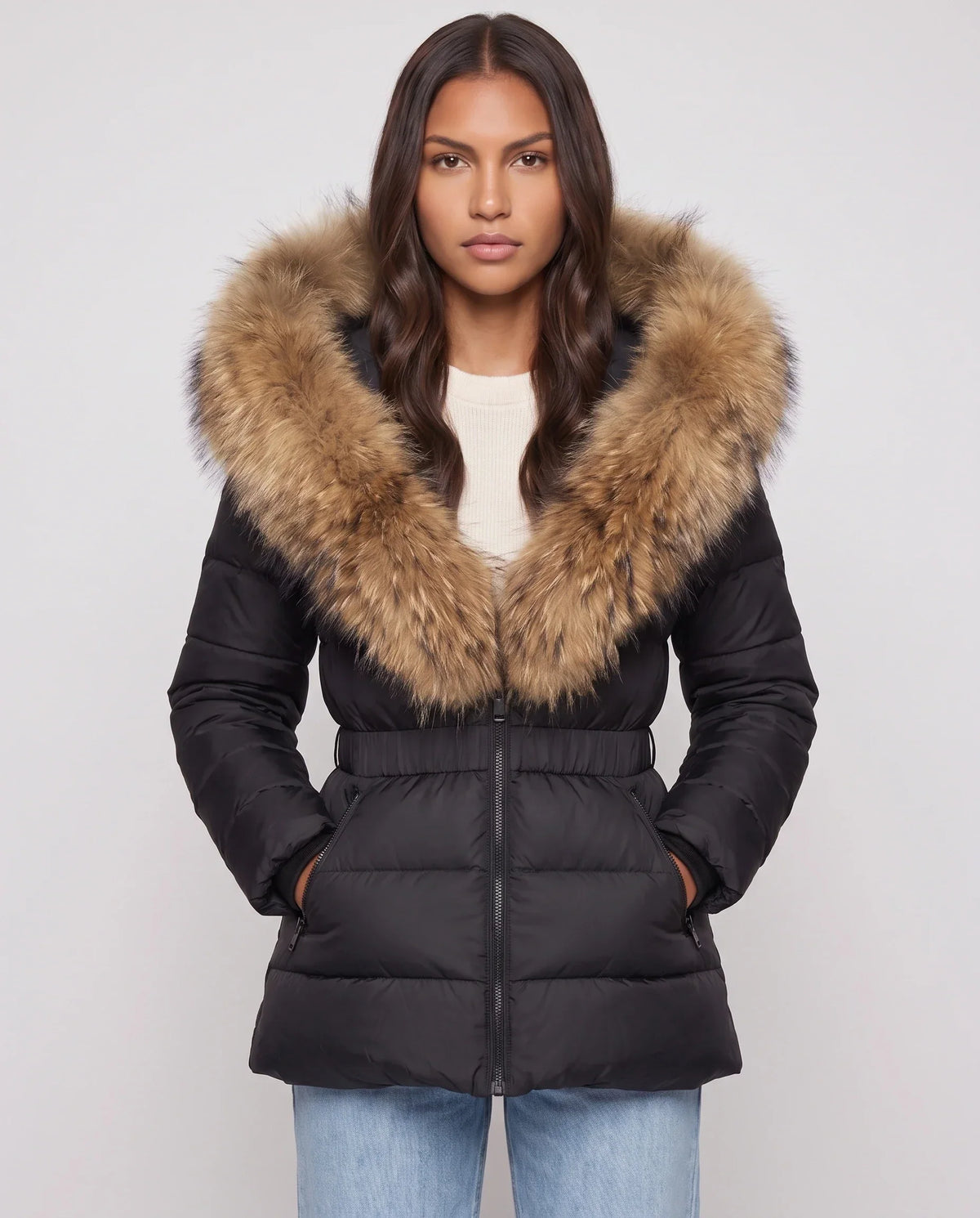 Short Puffer Jacket with Large Faux Fur Hood
