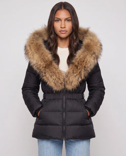 Short Puffer Jacket with Large Faux Fur Hood