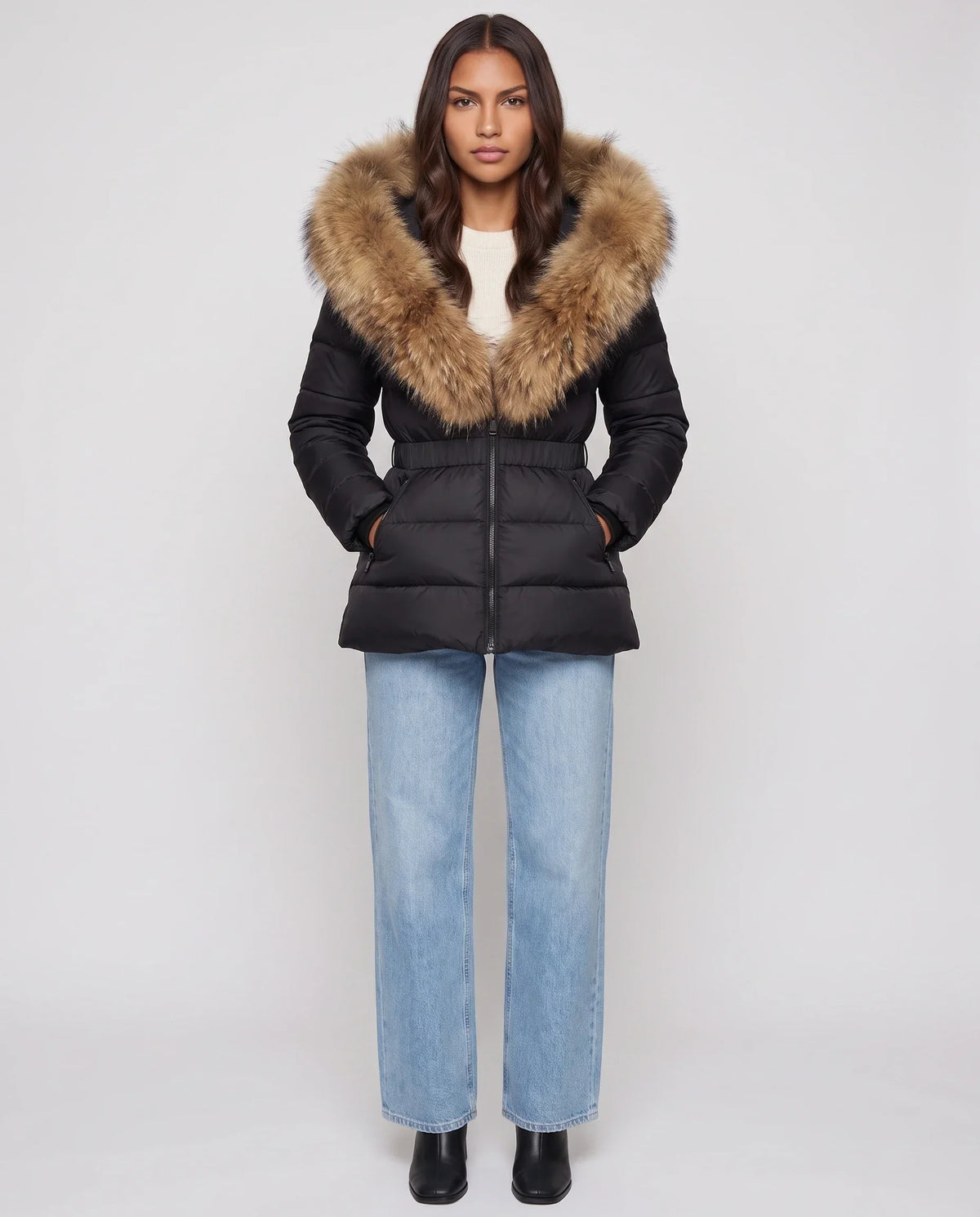 Short Puffer Jacket with Large Faux Fur Hood