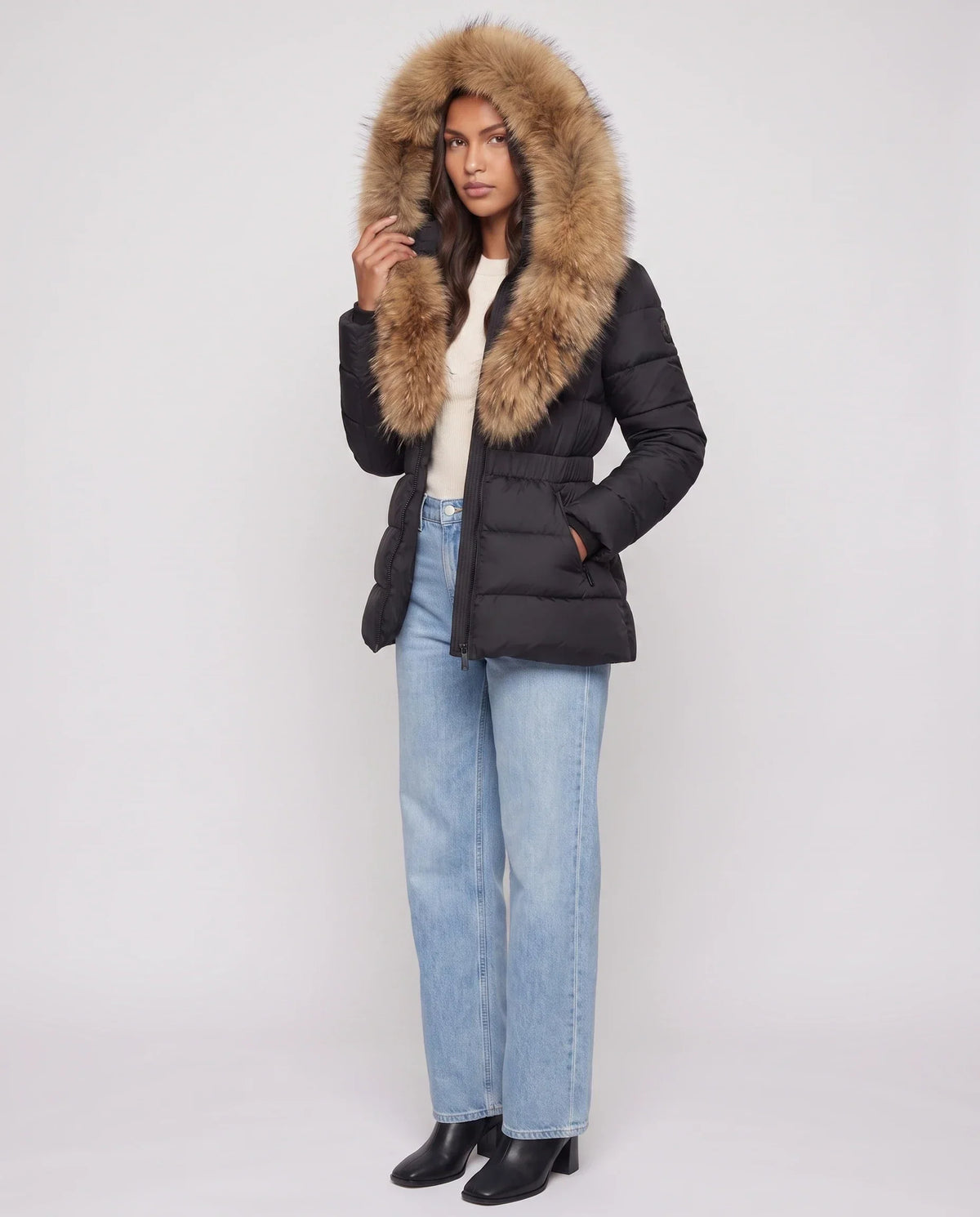 Short Puffer Jacket with Large Faux Fur Hood