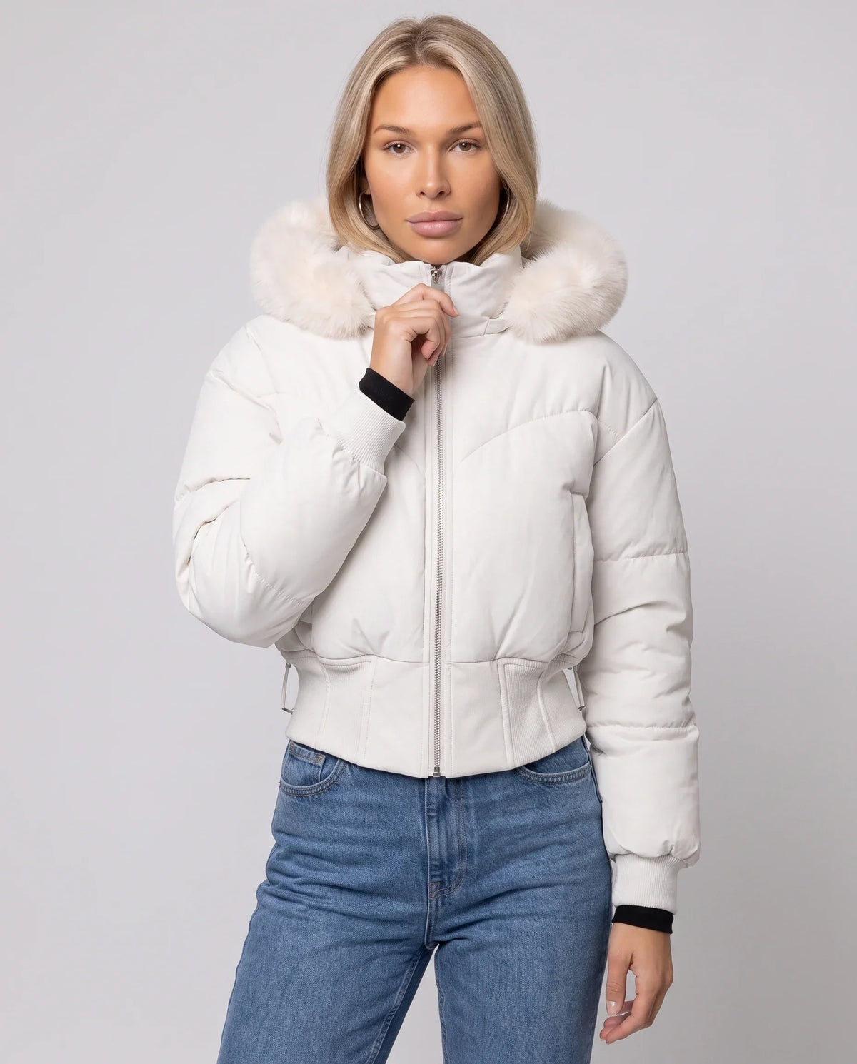 Short Puffer Jacket with Faux Fur Hood