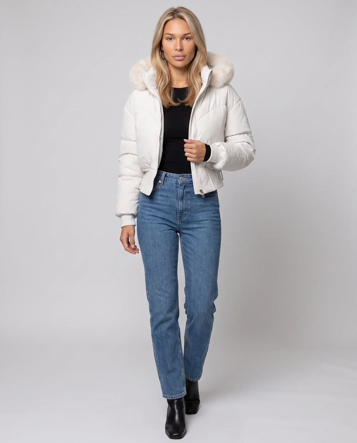 Short Puffer Jacket with Faux Fur Hood