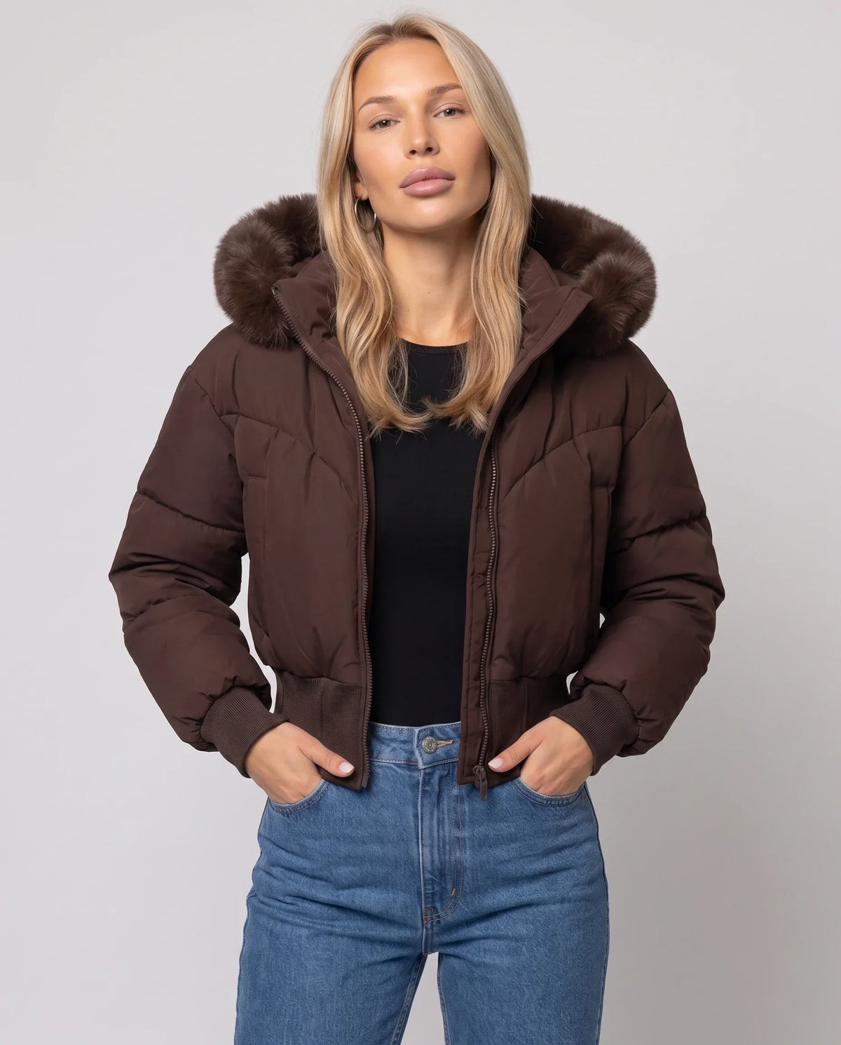 Short Puffer Jacket with Faux Fur Hood