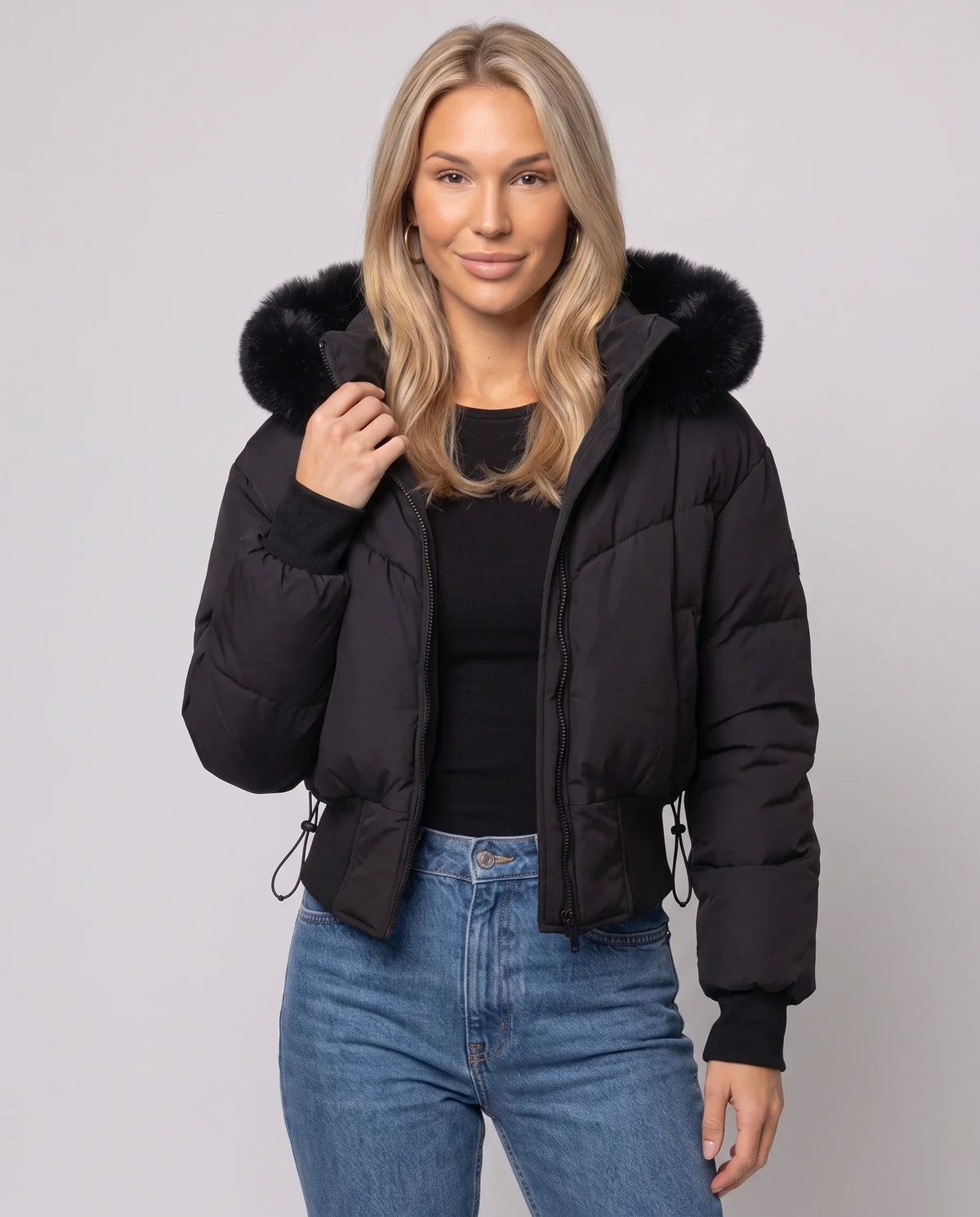 Short Puffer Jacket with Faux Fur Hood
