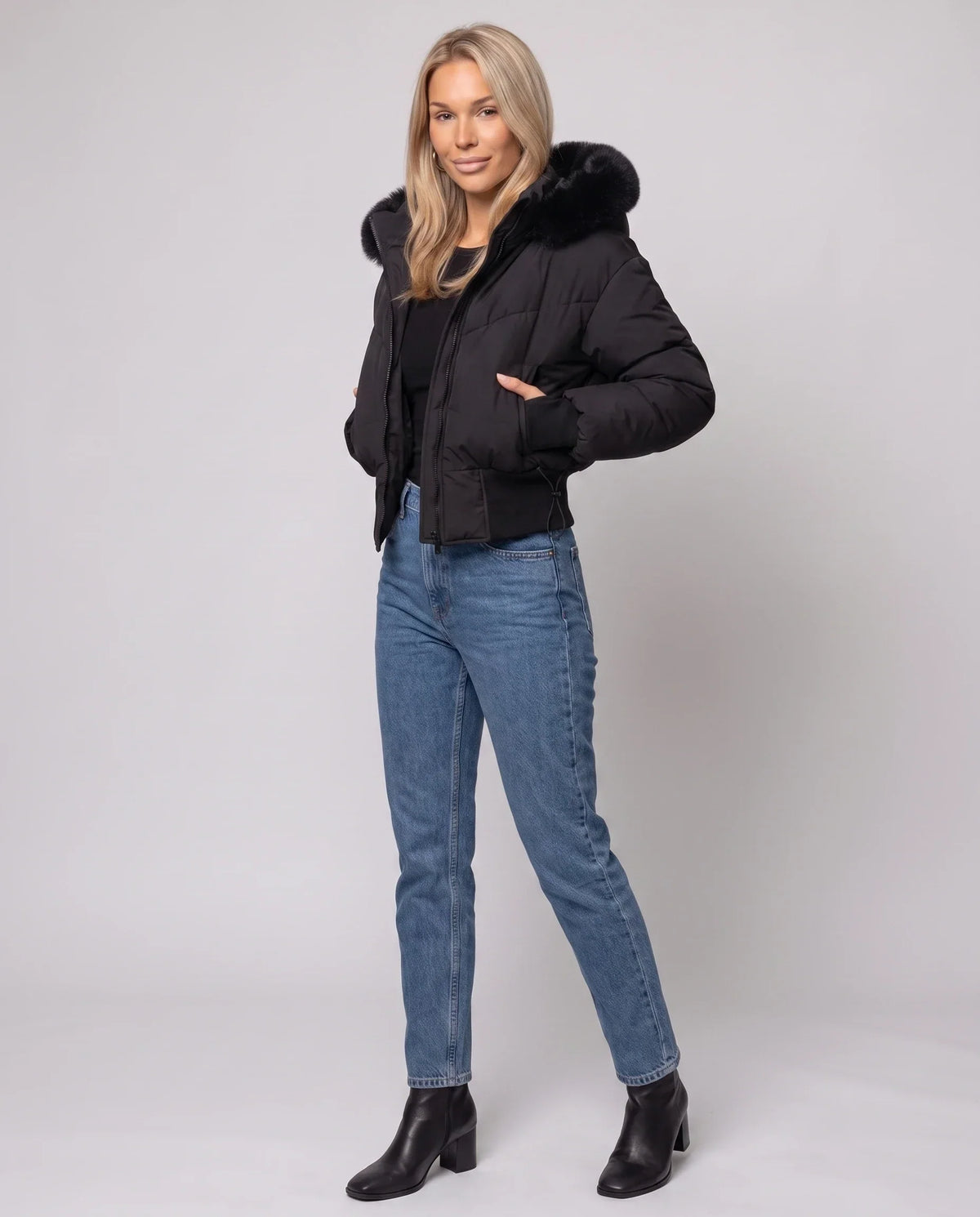 Short Puffer Jacket with Faux Fur Hood