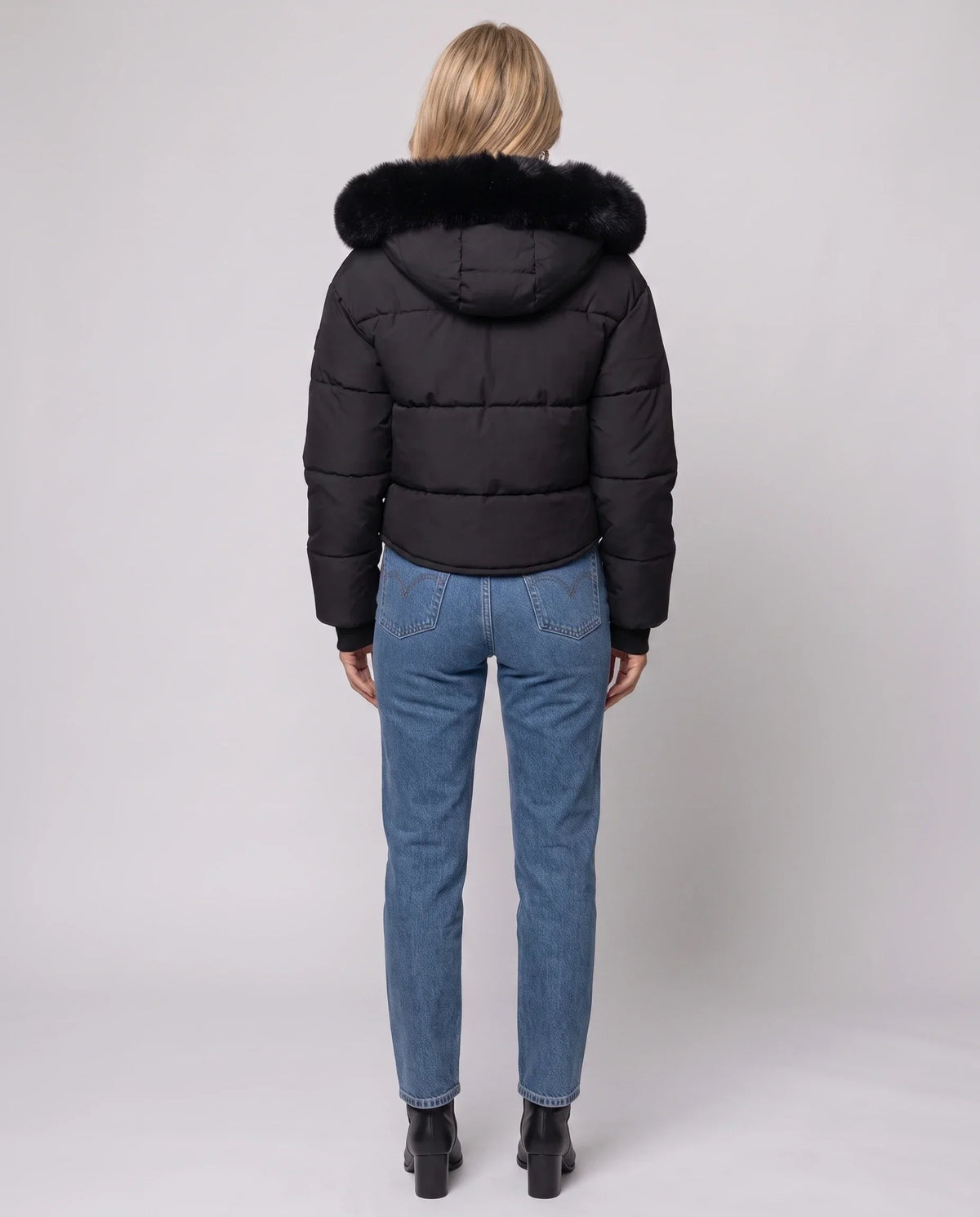 Short Puffer Jacket with Faux Fur Hood