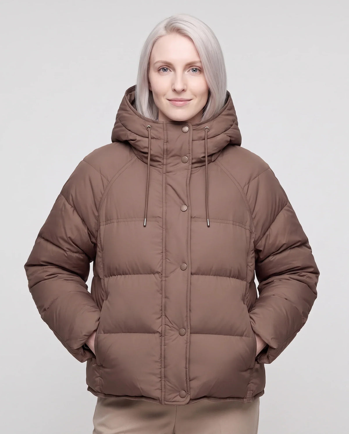 Short Hooded Puffer Jacket with Popper Placket