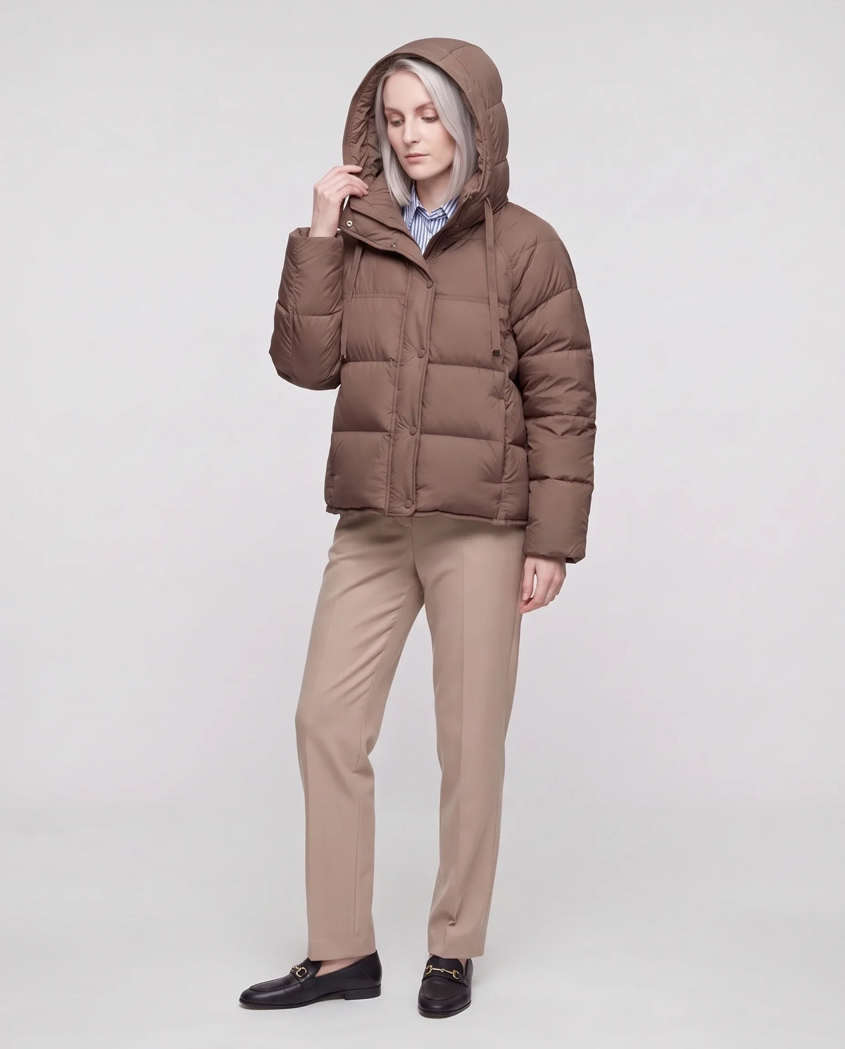 Short Hooded Puffer Jacket with Popper Placket