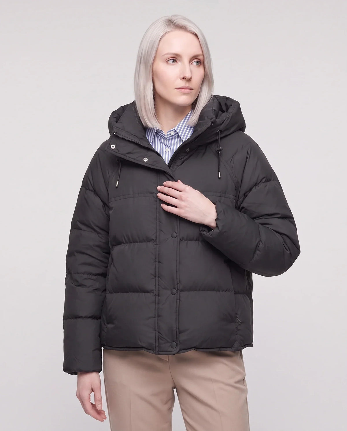 Short Hooded Puffer Jacket with Popper Placket