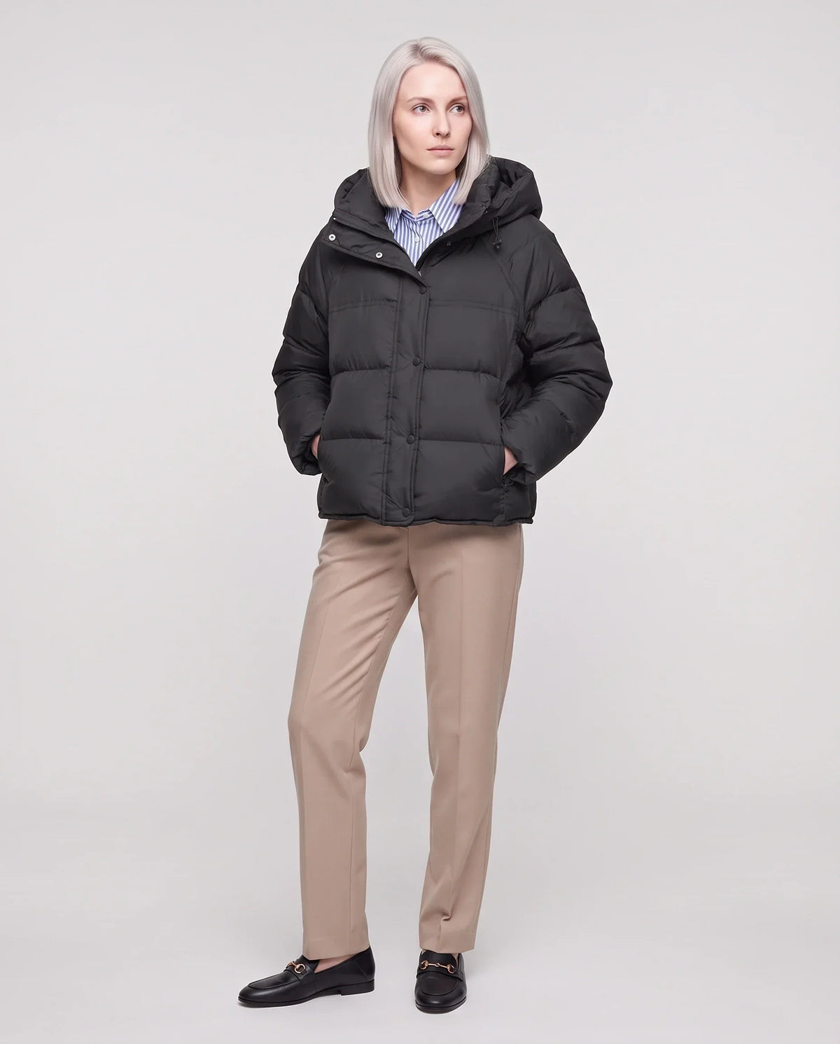 Short Hooded Puffer Jacket with Popper Placket