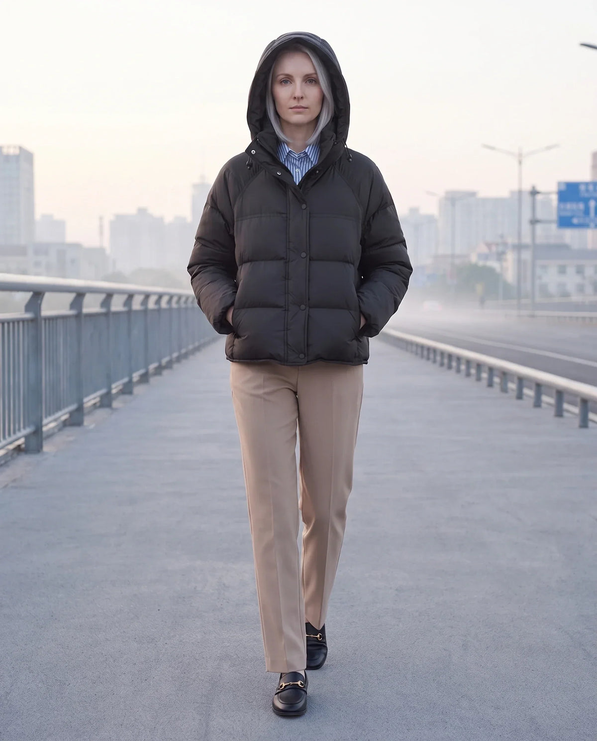 Short Hooded Puffer Jacket with Popper Placket