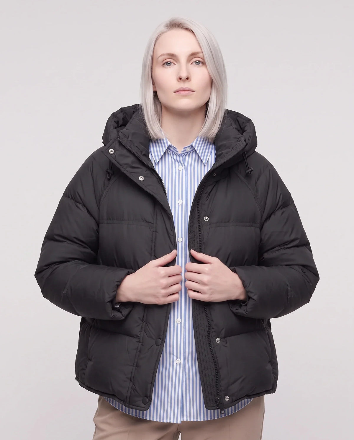 Short Hooded Puffer Jacket with Popper Placket