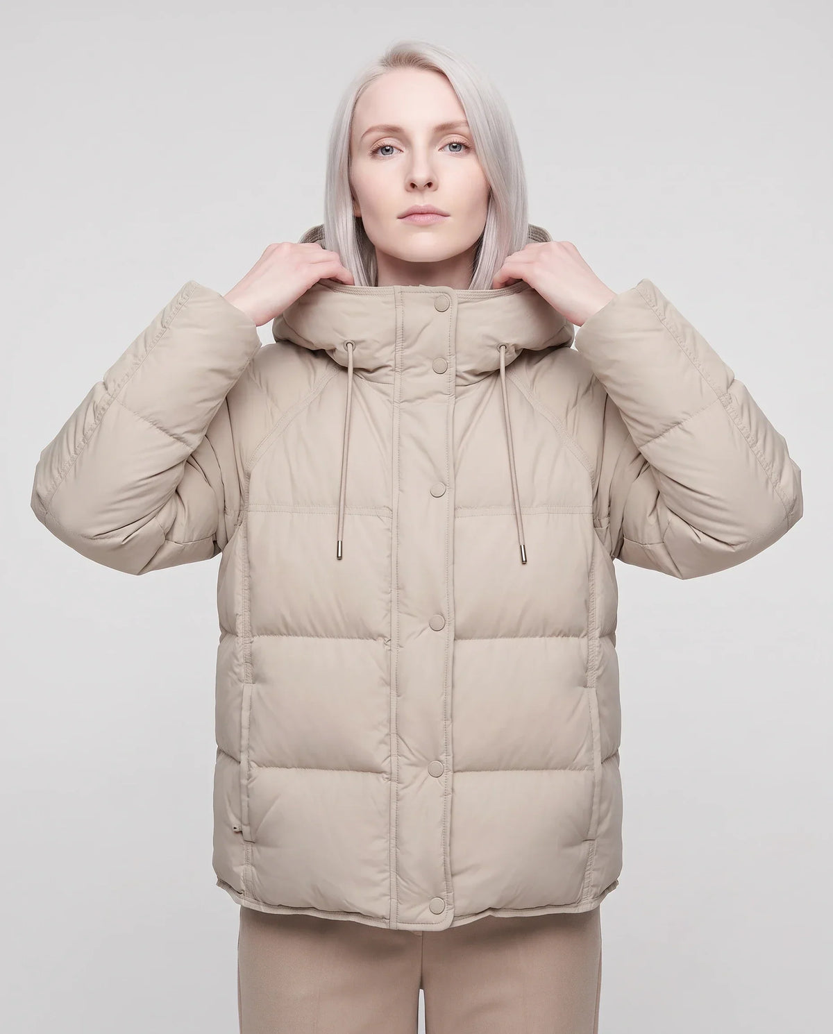Short Hooded Puffer Jacket with Popper Placket