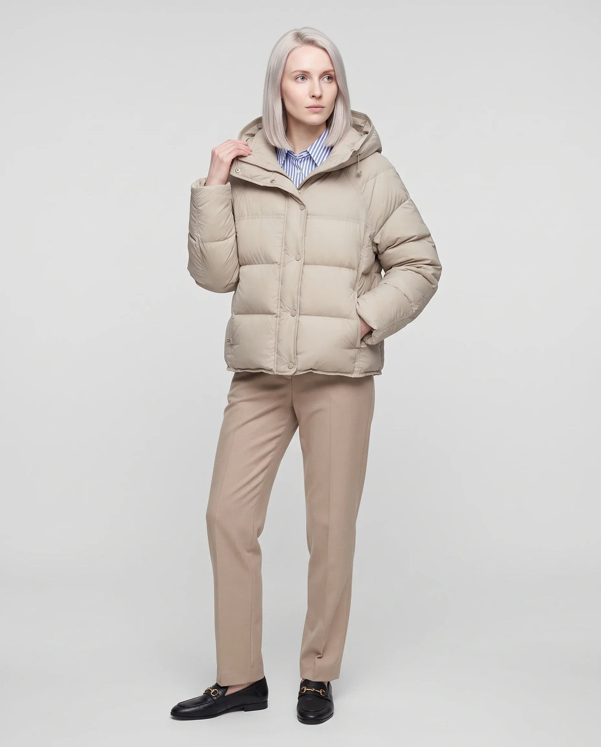Short Hooded Puffer Jacket with Popper Placket