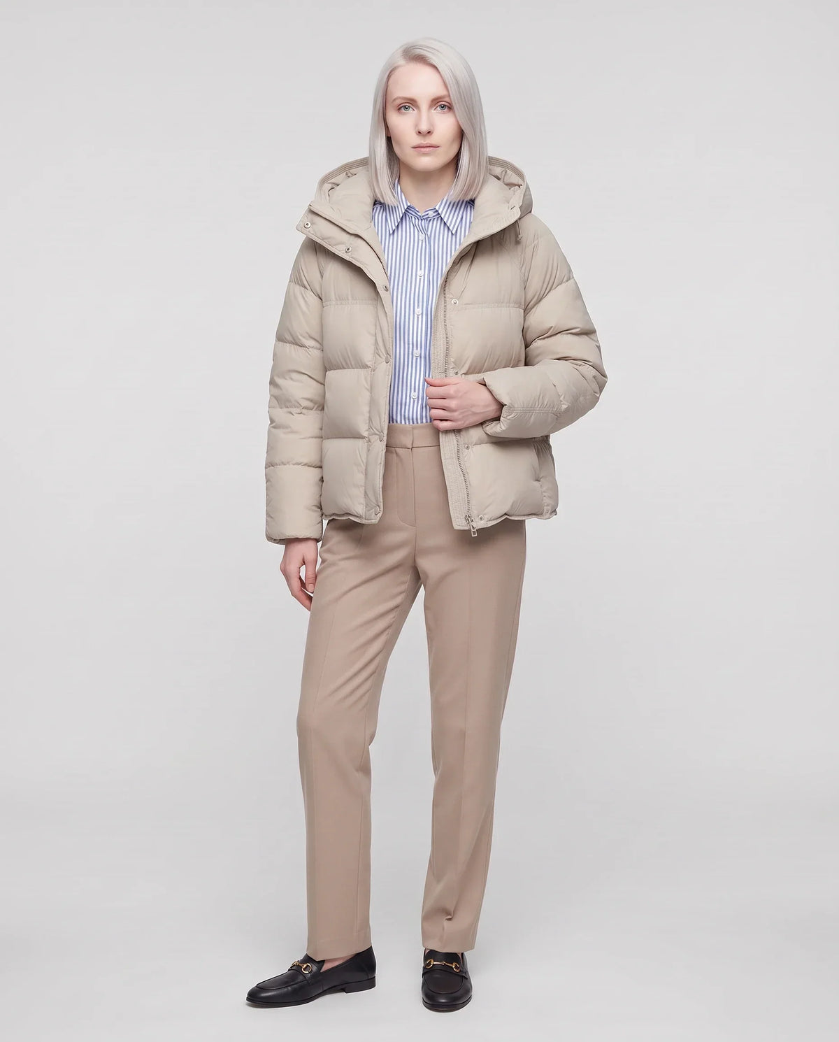 Short Hooded Puffer Jacket with Popper Placket