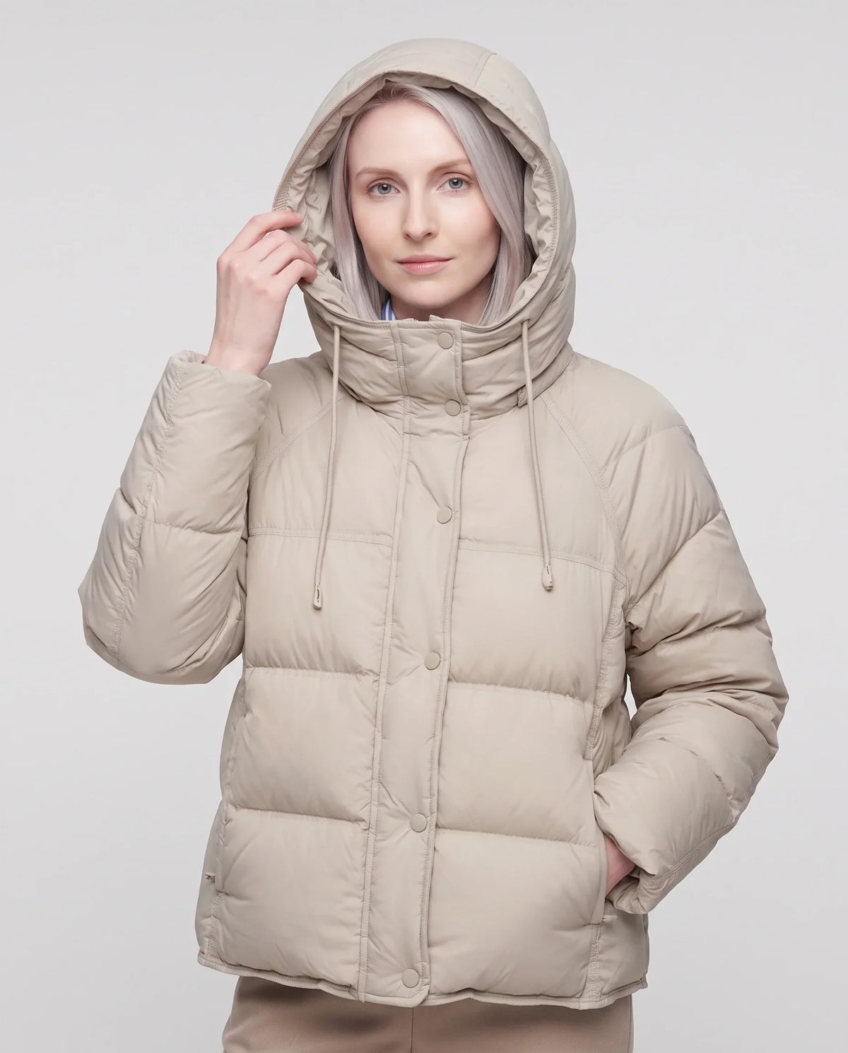 Short Hooded Puffer Jacket with Popper Placket