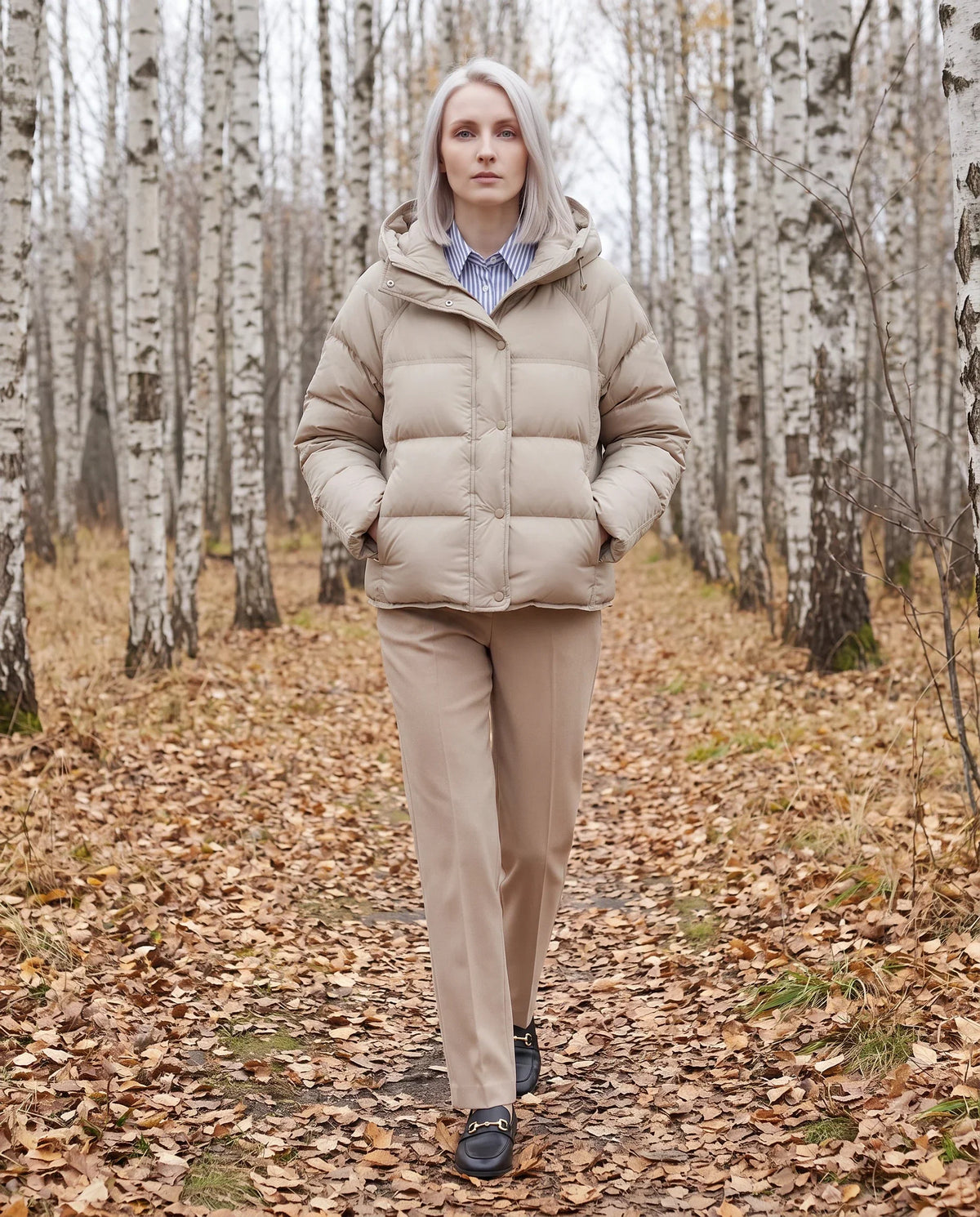 Short Hooded Puffer Jacket with Popper Placket