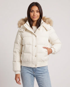 Short Puffer Jacket with Faux Fur Hood and Poppers