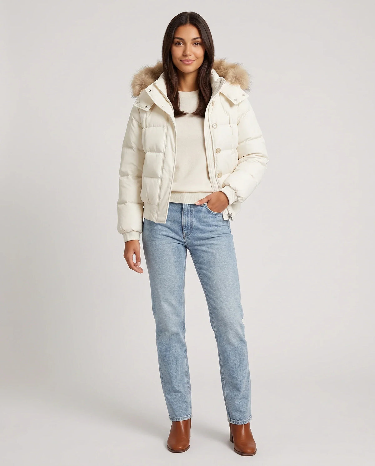 Short Puffer Jacket with Faux Fur Hood and Poppers