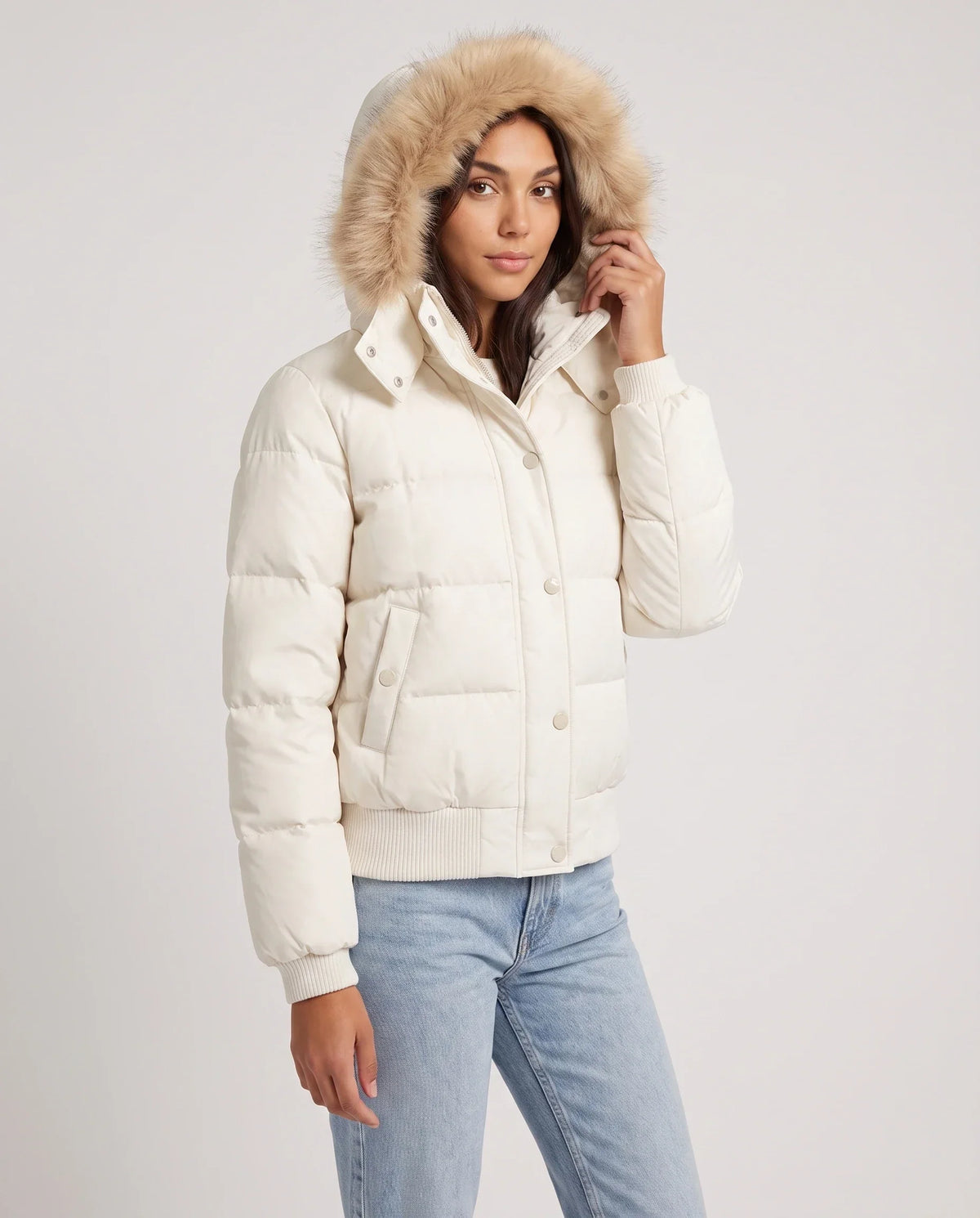 Short Puffer Jacket with Faux Fur Hood and Poppers