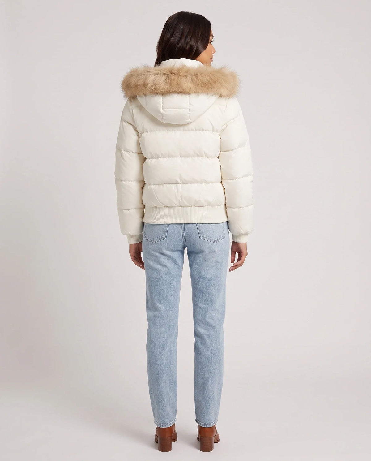 Short Puffer Jacket with Faux Fur Hood and Poppers
