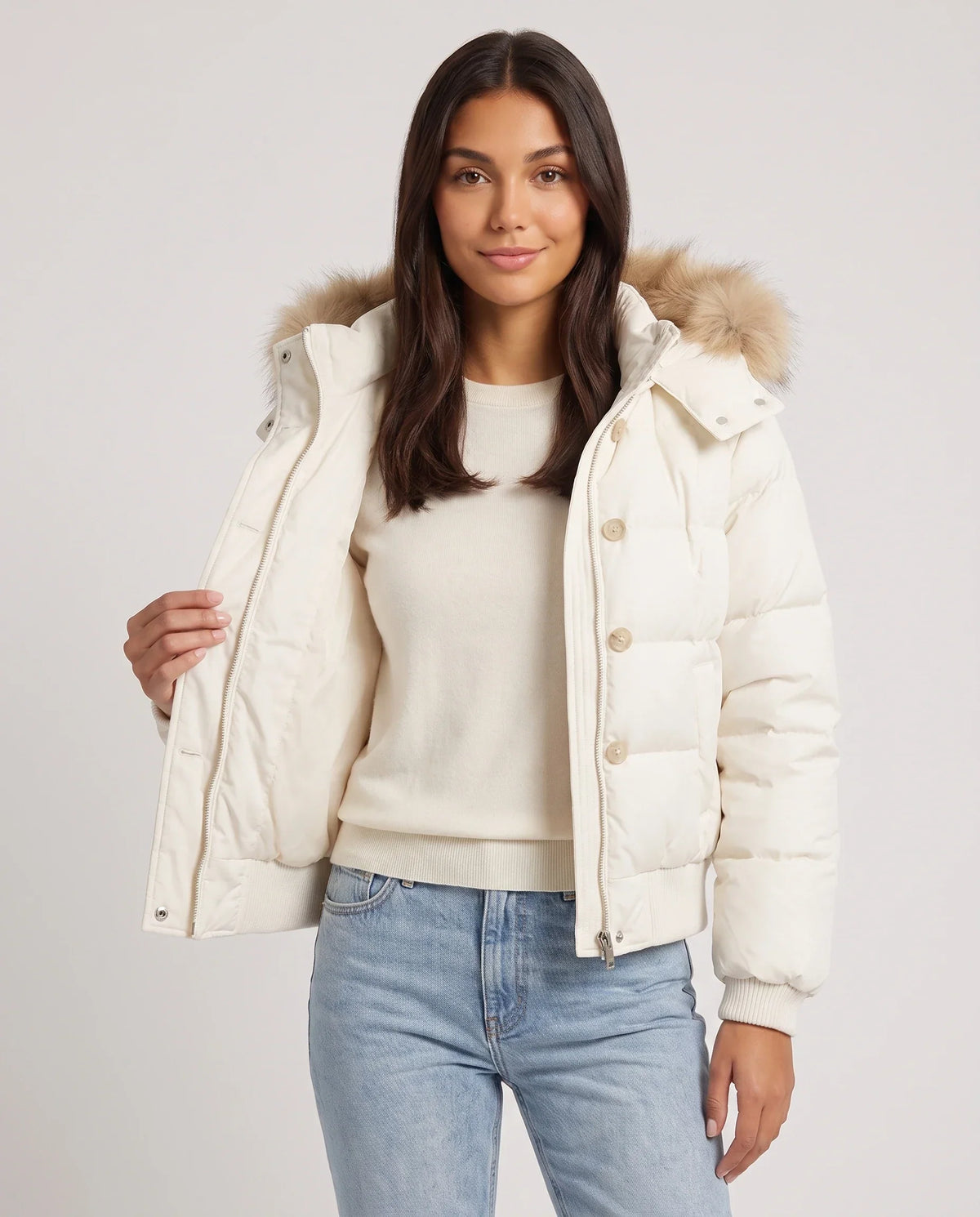 Short Puffer Jacket with Faux Fur Hood and Poppers