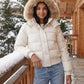 Short Puffer Jacket with Faux Fur Hood and Poppers