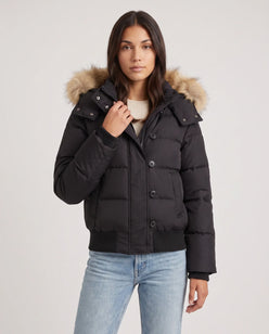 Short Puffer Jacket with Faux Fur Hood and Poppers