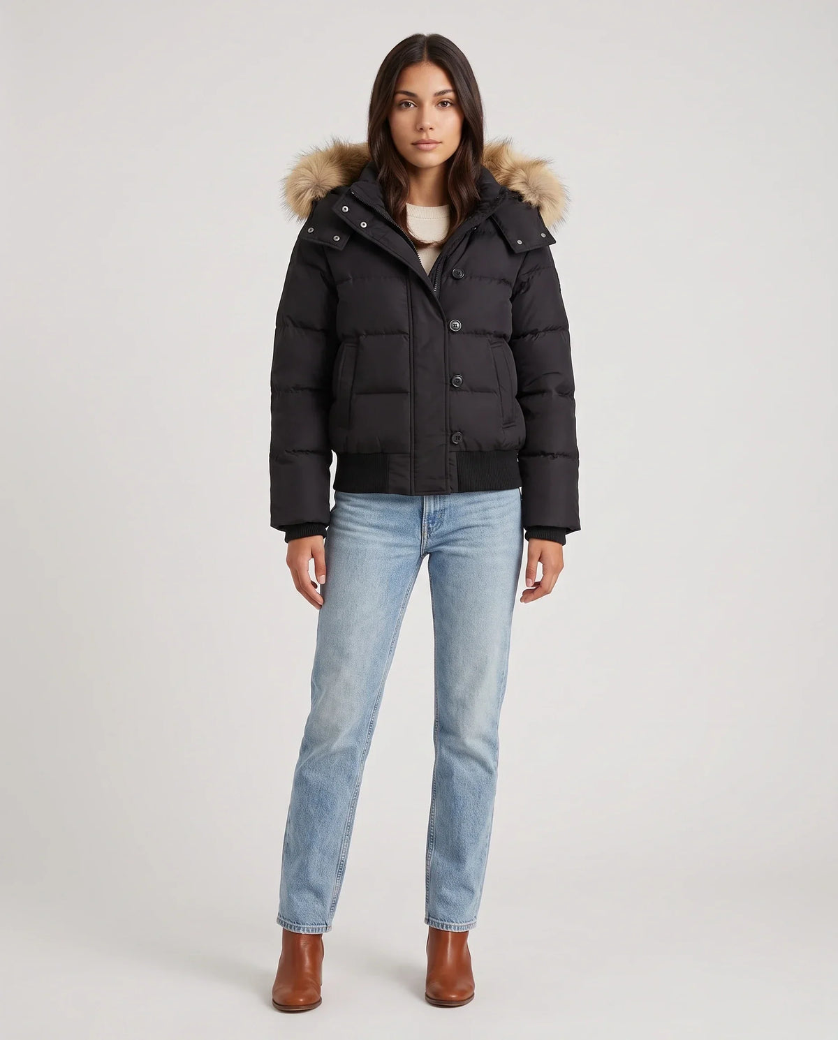 Short Puffer Jacket with Faux Fur Hood and Poppers