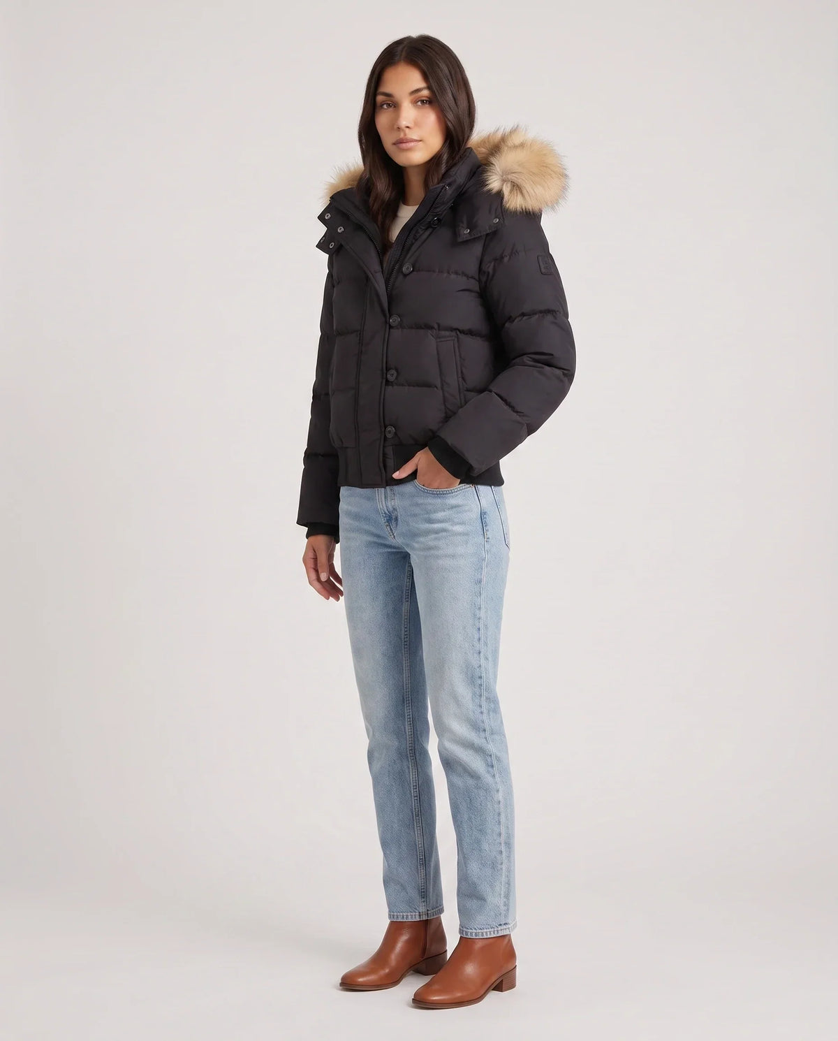 Short Puffer Jacket with Faux Fur Hood and Poppers