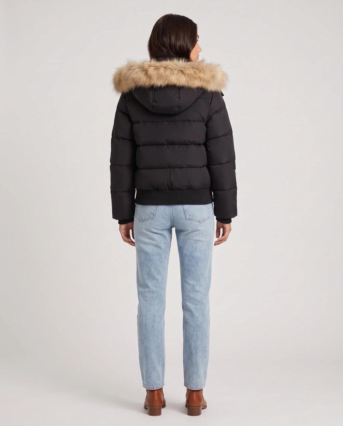 Short Puffer Jacket with Faux Fur Hood and Poppers