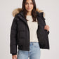 Short Puffer Jacket with Faux Fur Hood and Poppers